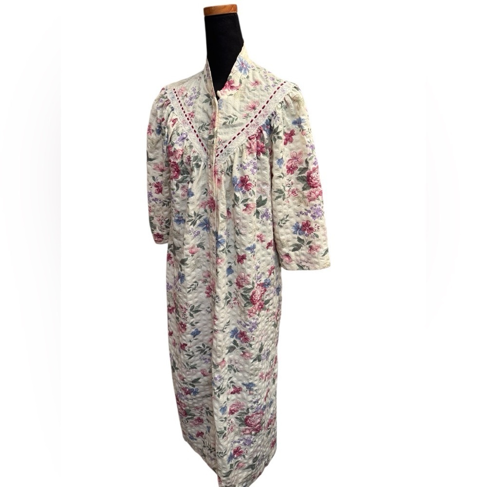 VINTAGE MISS ELAINE Floral Snap Front Robe Housedress Kaftan Mu Mu SZ SM Pockets